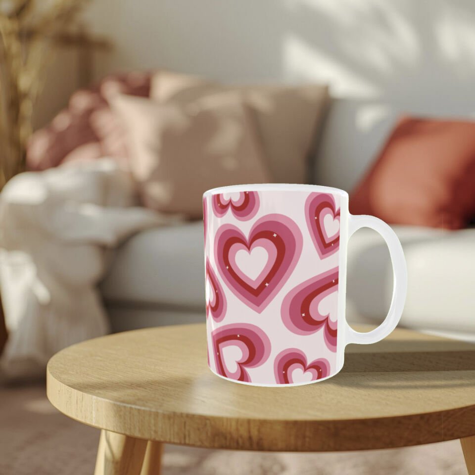 Sevgililer Günü Pembe Kalp Desenli Porselen -Romantik Hediyelik Kupa