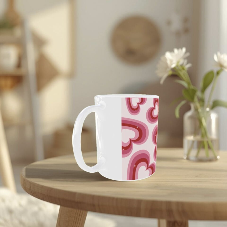 Sevgililer Günü Pembe Kalp Desenli Porselen -Romantik Hediyelik Kupa