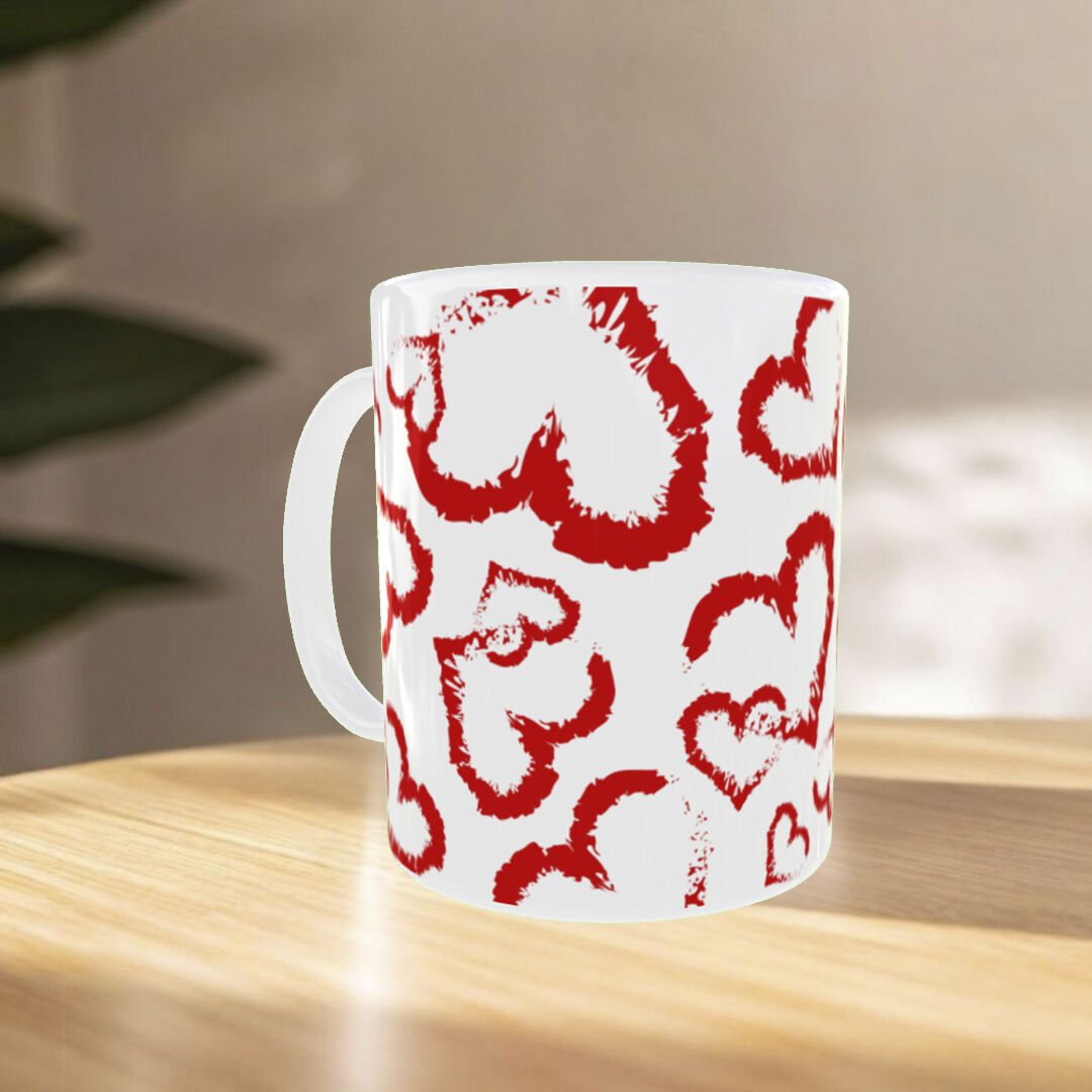 Kırmızı Fırça Kalp Desenli Romantik Kupa