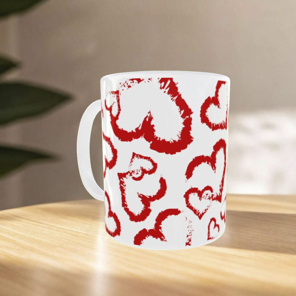 Kırmızı Fırça Kalp Desenli Romantik Kupa