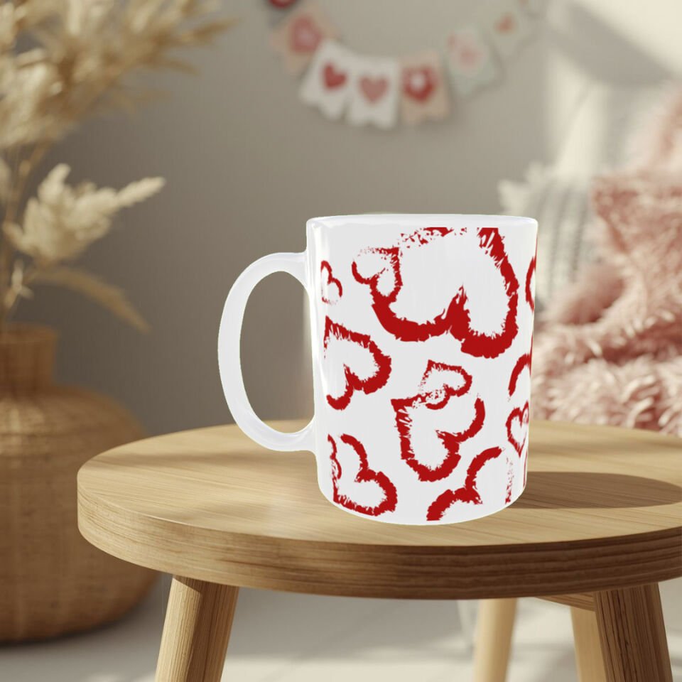Kırmızı Fırça Kalp Desenli Romantik Kupa