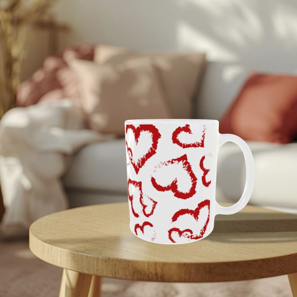 Kırmızı Fırça Kalp Desenli Romantik Kupa