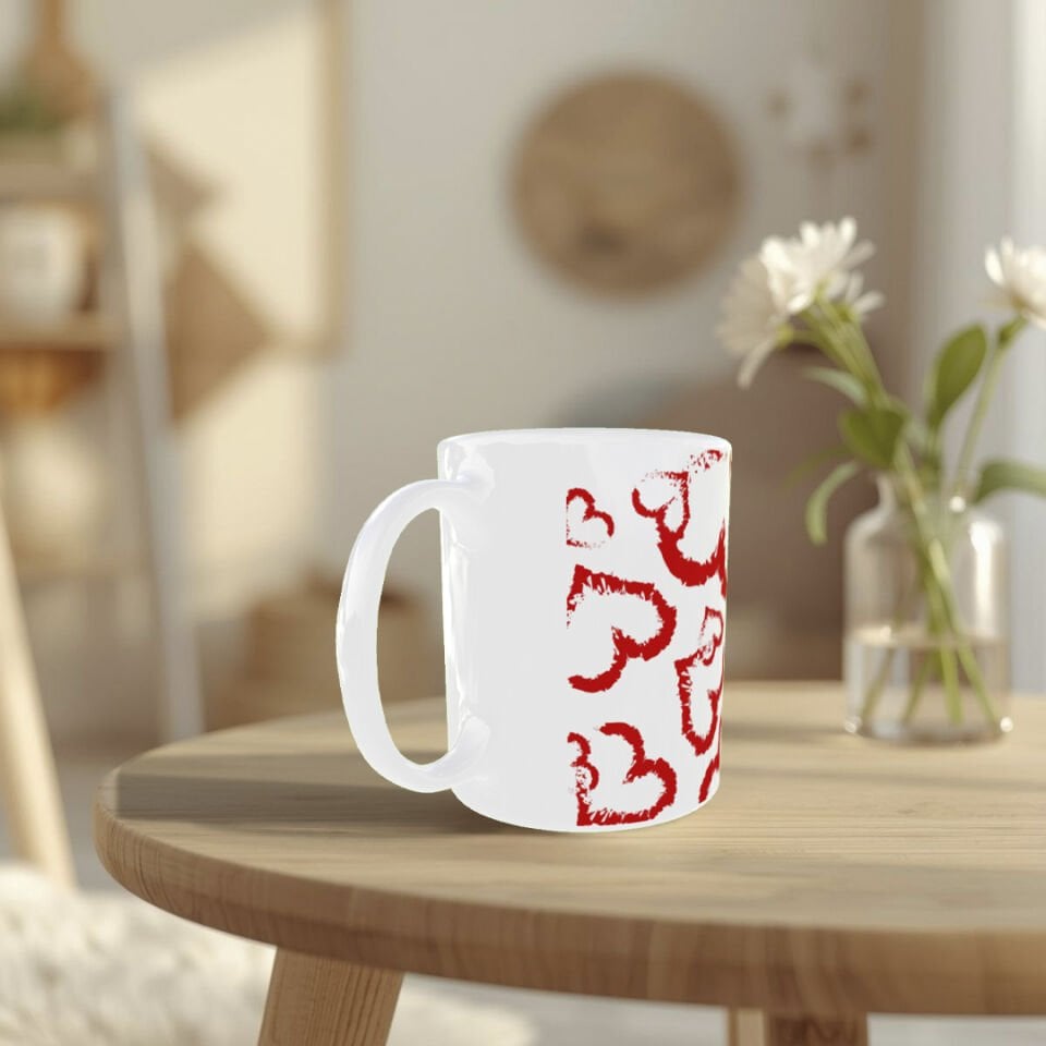 Kırmızı Fırça Kalp Desenli Romantik Kupa