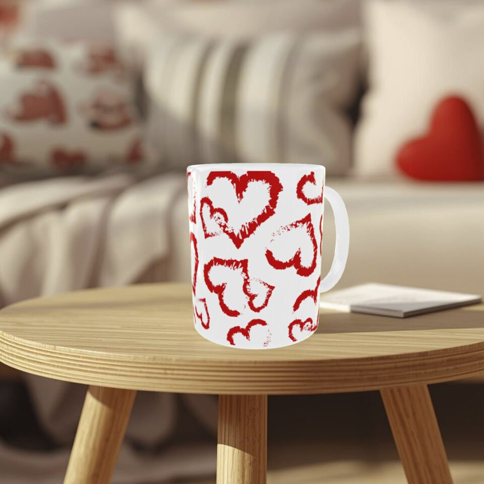 Kırmızı Fırça Kalp Desenli Romantik Kupa