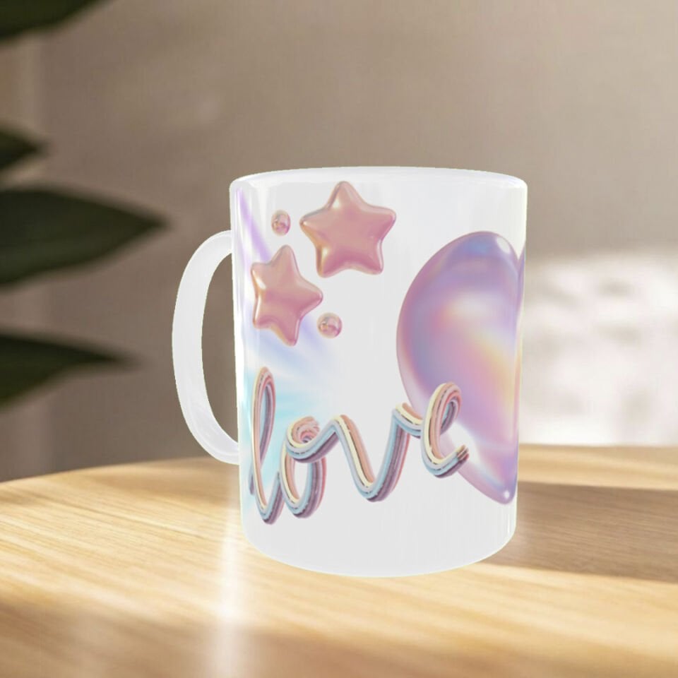3D Love Yazılı Yıldız Desenli Sevgililer Günü Özel Kupa