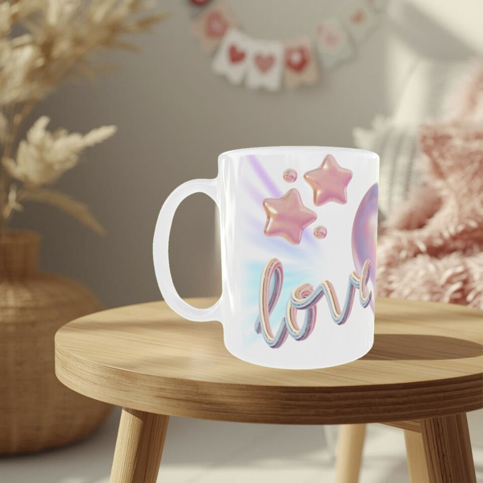 3D Love Yazılı Yıldız Desenli Sevgililer Günü Özel Kupa