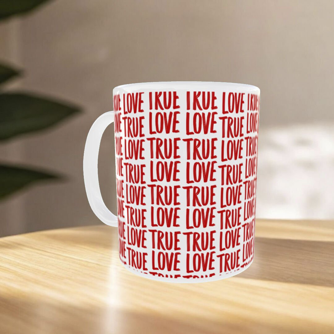 True Love Yazı Desenli Kırmızı Beyaz Sevgililer Günü Kupası